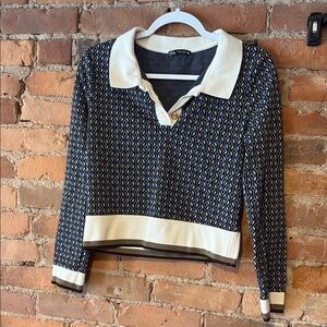 Zara Navy and Cream Patterned Polo Sweater